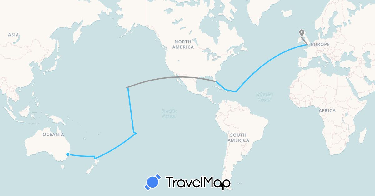 TravelMap itinerary: driving, plane, boat in Australia, France, United Kingdom, Haiti, New Zealand, United States, U.S. Virgin Islands (Europe, North America, Oceania)